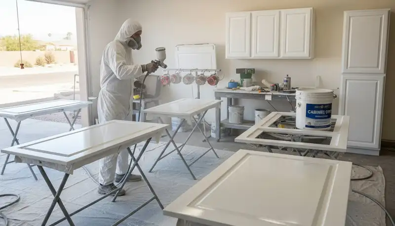 Professional cabinet painting process in Las Vegas NV using spray and brush for smooth kitchen finishes