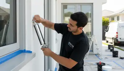 Professional caulking and sealing on stucco home exterior in Las Vegas NV by expert house painters