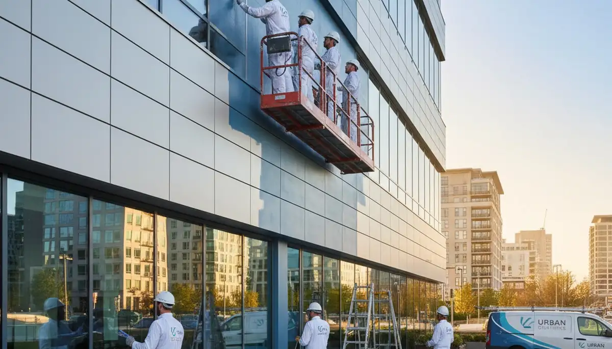 Professional commercial painters in Las Vegas NV applying durable exterior coating to business building