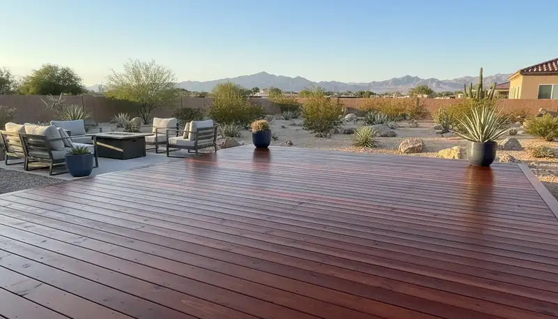 Finished deck staining by professional painters in Las Vegas, NV highlighting restored wood finish