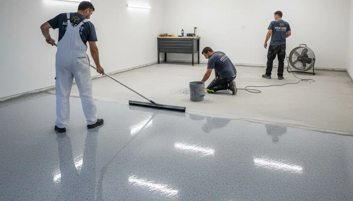 Epoxy floor coating in Las Vegas NV garage by professional painters for durable, glossy surface finish