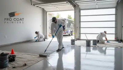 Garage floor epoxy coating in Las Vegas NV applied by professional painters for durable concrete protection