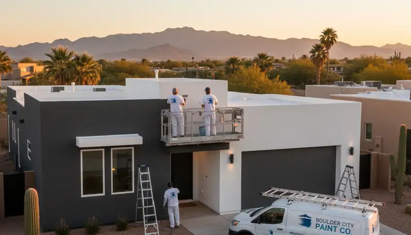 Professional house painters in Las Vegas NV applying fresh exterior paint to a modern home