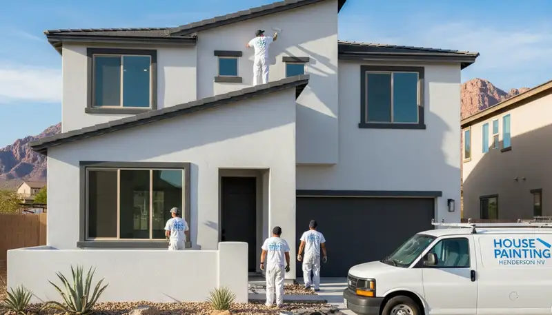 Professional house painters in Las Vegas NV applying exterior paint to a modern home façade