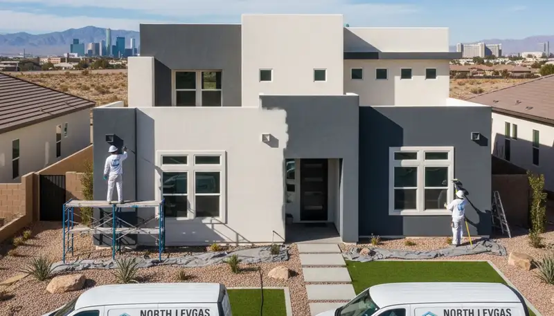 Professional exterior house painters working on a stucco home in Las Vegas, NV