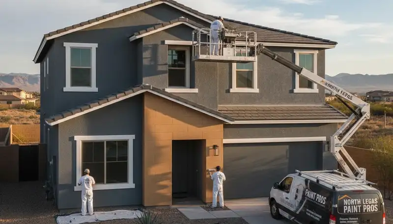 Professional house painters in Las Vegas NV applying fresh exterior paint to a modern home façade