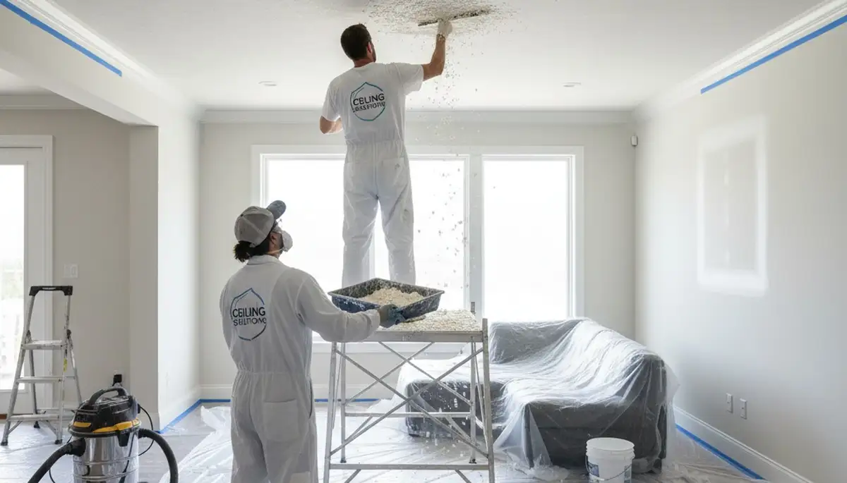 Professional popcorn ceiling removal in Las Vegas NV home by expert painters creating smooth modern finish