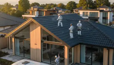Professional roof painters applying reflective coating in Las Vegas NV to protect home from desert sun