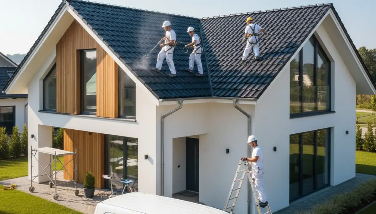 Professional roof painters applying reflective coating in Las Vegas NV to protect homes from desert heat