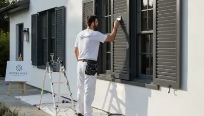Professional shutter painting on a Las Vegas NV home with UV-resistant exterior paint finish