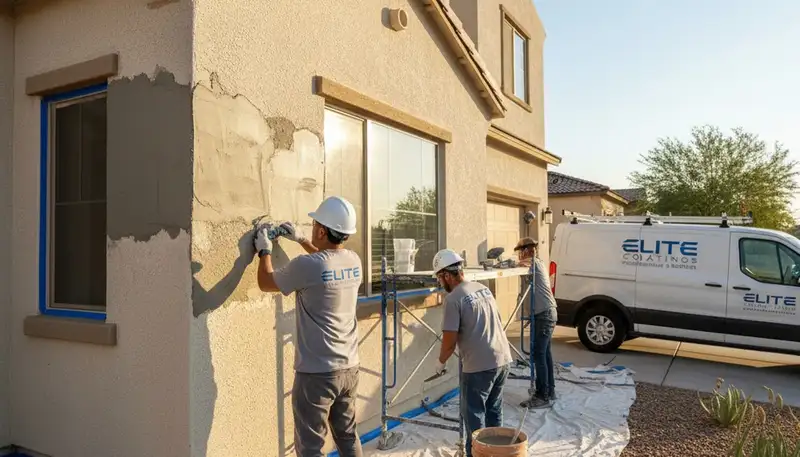Professional stucco repair on Las Vegas home exterior by expert painters restoring cracked walls