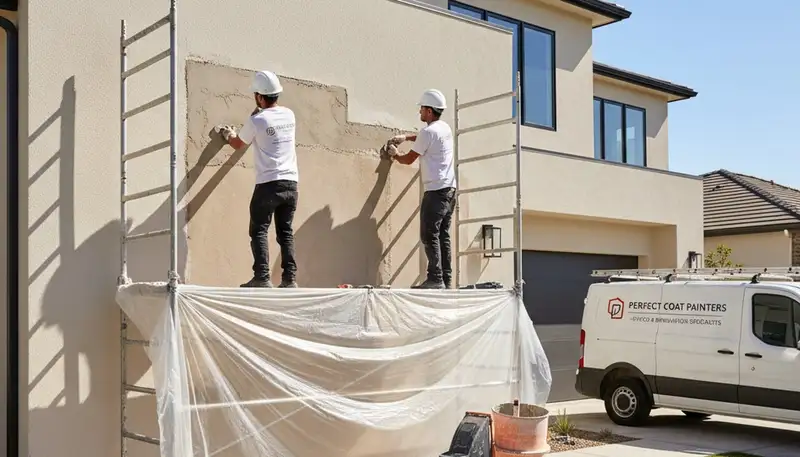 Professional stucco repair on Las Vegas NV home exterior by expert house painters