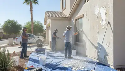 Painters in Las Vegas NV preparing exterior walls for new paint, ensuring durable desert-climate finish